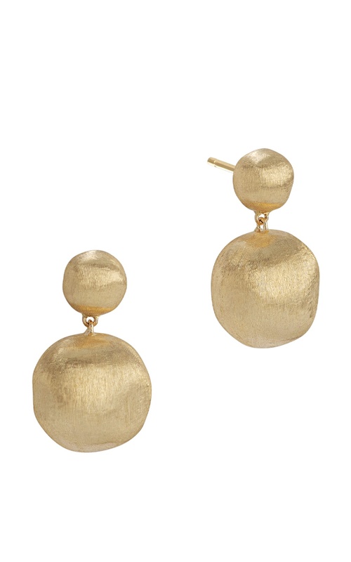 18KY AFRICA DANGLE EARRINGS WITH 2 BRUSHED FINISH BALLS, LARGER ONE DANGLING FROM SMALLER WITH POST