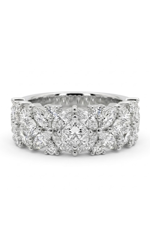 18KW 2.39CTW DIAMOND MIXED SHAPE WIDE BAND WITH MARQUISE, ROUND, AND PRINCESS CUT DIAMONDS SET HALF