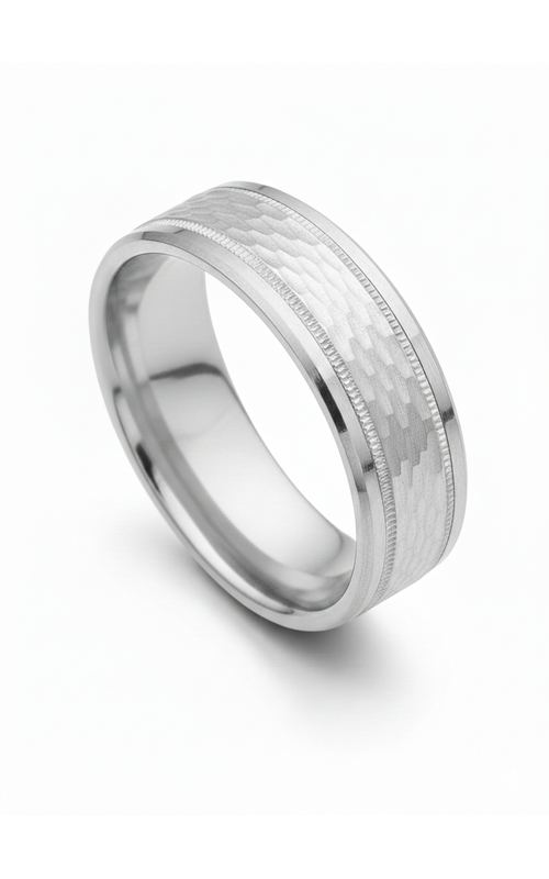 14KW 8MM COMFORT FIT WEDDING BAND WITH DROP BEVELED EDGES AND A MESH CENTER INLAY WITH MILGRAIN BOR