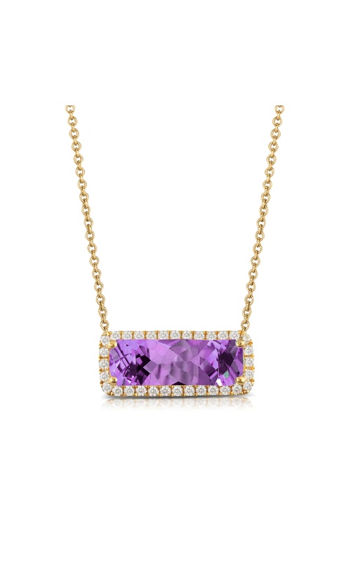 18KY 0.13CTW DIAMOND 1.40CT AMETHYST PENDANT WITH AN EAST-WEST ELONGATED CHECKERBOARD CUSHION SHAPE