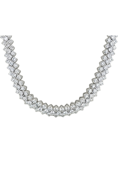 18KWG 22.00CTW 3 ROW PRONG SET ROUND DIAMONDS CHOKER NECKLACE. THE CENTER ROW IS SLIGHTLY RAISED.