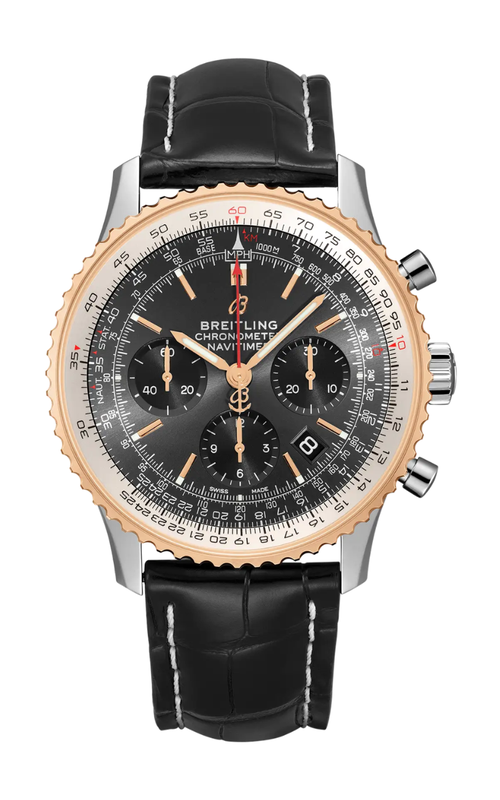 43MM 18KR/SS PRE-OWNED NAVITIMER 1 BO1 CHRONOGRAPH 43 GRAY DIAL BLACK SUBDIALS RG BEZEL ON A BLACK C