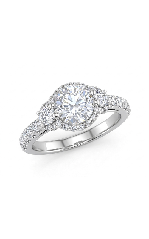 18KT WHITE GOLD AND DIAMOND ENGAGEMENT RING, 6.5MM CENTER CZ, FILIGREE DESIGN WITH THREE BEZEL SET