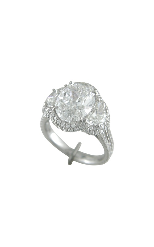 18KWG 4.0CT LAB GROWN OVAL CENTER W/(2) HALF MOONS DIAMOND ENGAGEMENT RING, DOUBLE ROW DIAMOND BORDE