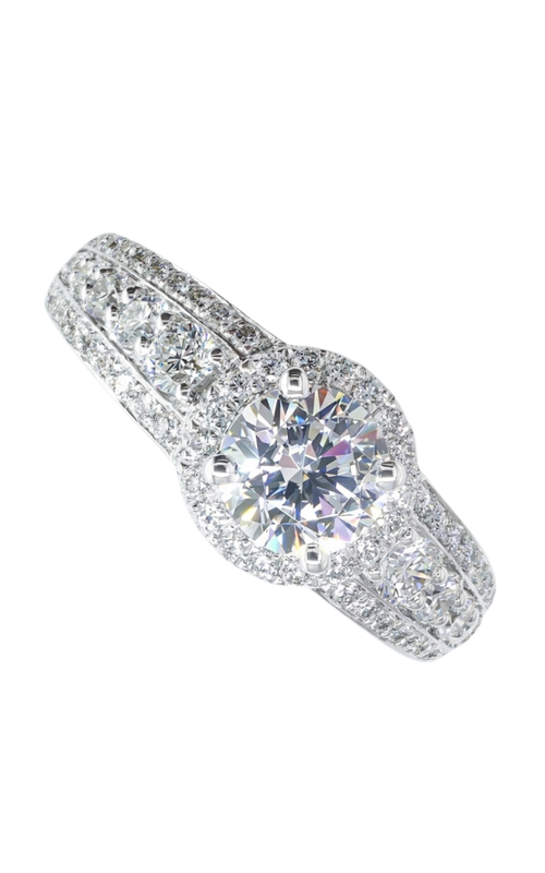 14KW 0.69CTW ROUND PAVE DIAMOND HALO RING WITH THREE ROWS OF DIAMOND PAVE ON THE SHANK GOING HALFWA