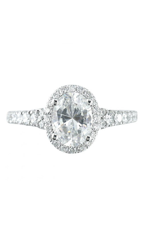 14KWG OVAL SYNTHETIC CENTER IN FOUR PRONG SETTING WIYH 18FC HALO AND 16FC HALF PRONG SET DIAMOND SH