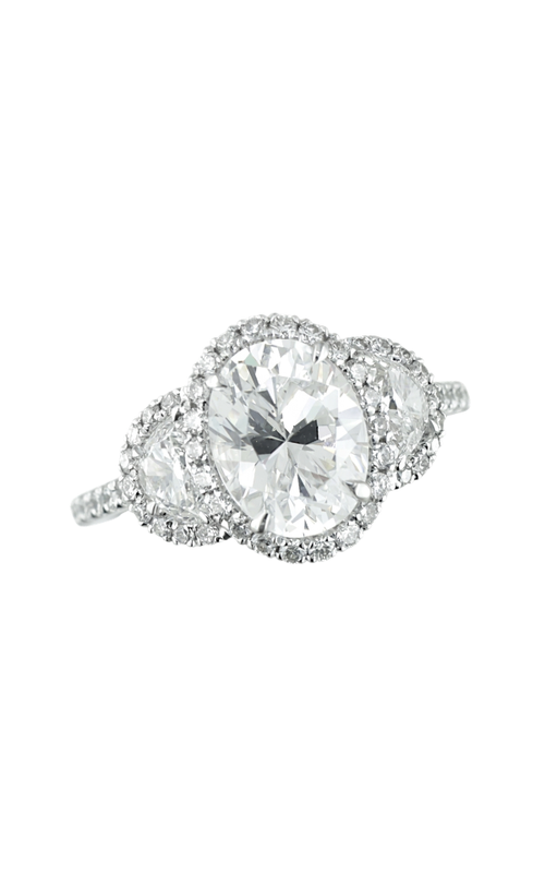 18KWG FOUR PRONG OVAL SETTING WITH HALO AND HALF MOON SIDE STONES WITH HALOS. DIAMOND SHANK AND DIA