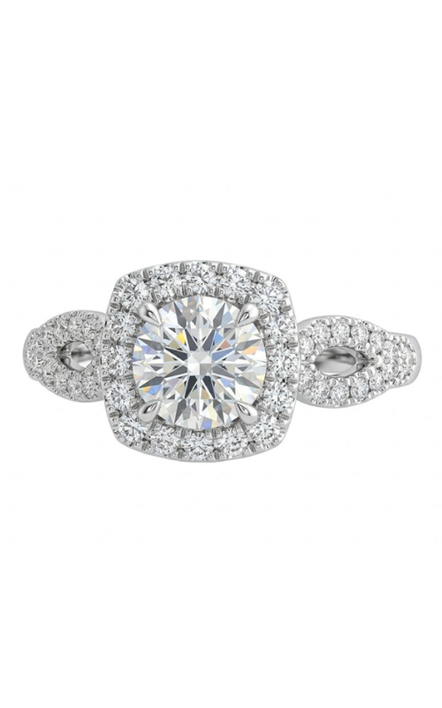 14KWG .50CTW CUSHION SHAPED DIAMOND HALO WITH SPLIT SHANK OPEN DESIGN WITH PAVE DIAMONDS HALFWAY DO
