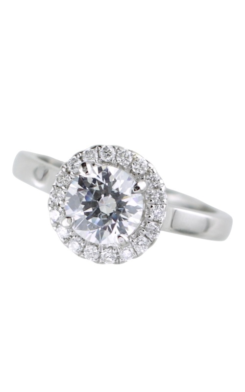 PLAT ENGAGEMENT RING WITH .20CTW DIAMOND HALO, SHANK IS HIGH POLISH FINISH. 3/4CT SYNETHIC CENTER.