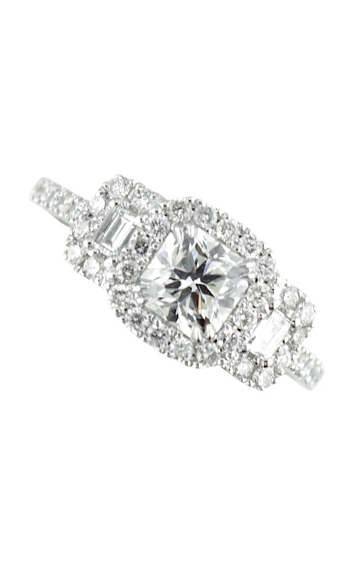 14KWG ENG RING .79CT IDEAL SQUARE RADIANT EGL CERT E, SI1 IN A 3 STONE HALO DESIGN WITH A BAGUETTE