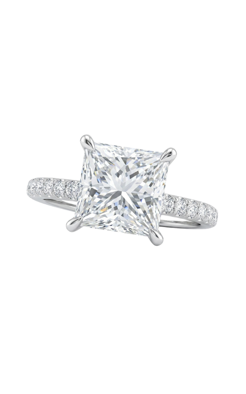 18KW 0.55CTW DIAMOND ENGAGEMENT RING WITH A 4 PRONG SQUARE HEAD THAT HAS A ROW OF DIAMONDS DOWN THE