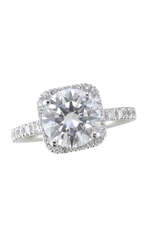 18KW CUSHION HALO ENGAGEMENT RING WITH A 9MM ROUND CZ CENTER 4 PRONG ON AN ETERNITY SHANK WITH A RO