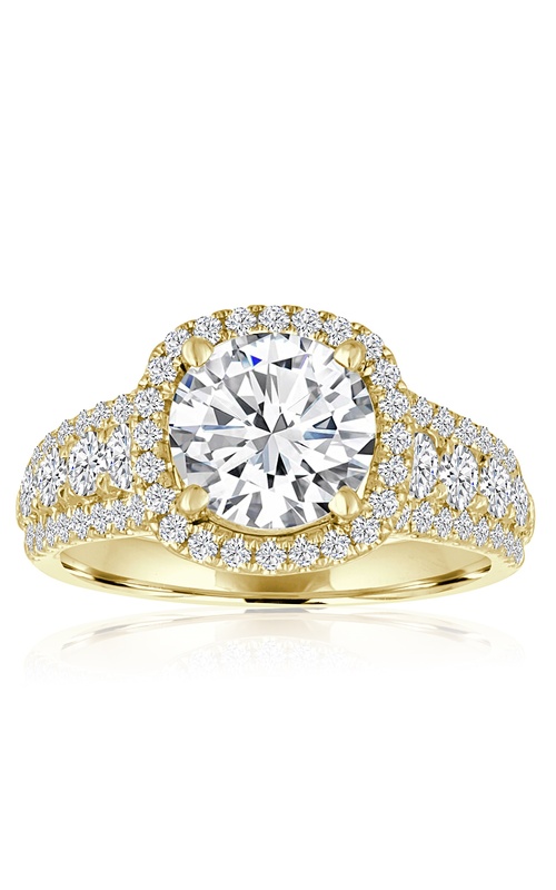 14KYG .80CTW DIAMOND CUSHION HALO ACCENTED BY A THREE ROW DIAMOND DESIGN HALFWAY DOWN RING. MIDDLE