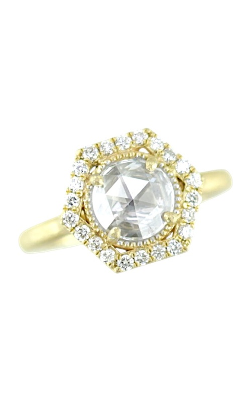 18KY HEX HALO 0.57CT ROSE CUT DIAMOND CENTER ENGAGEMENT RING WITH A 22 WHITE DIAMOND HALO AND 1 BEZ