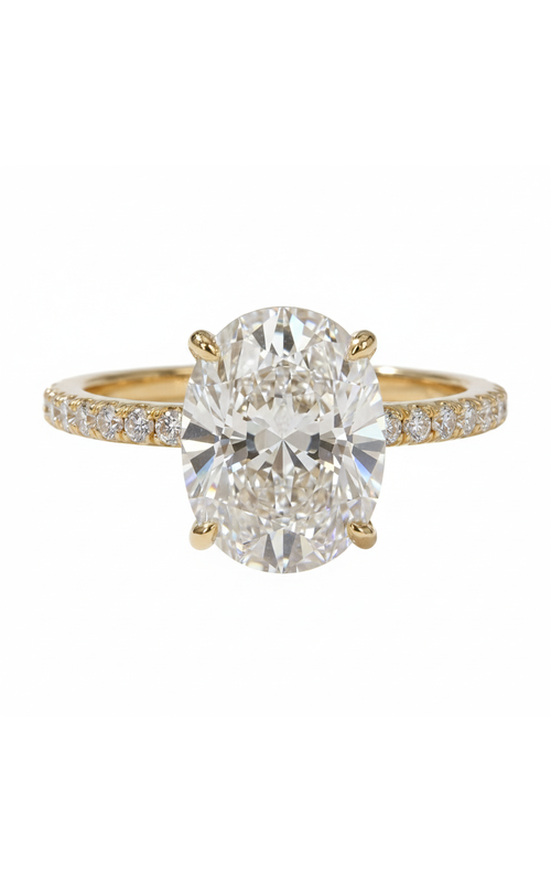 18KY 0.50CTW DIAMOND ENGAGMENT RING WITH PAVE DIAMONDS ACCENTING THE HEA