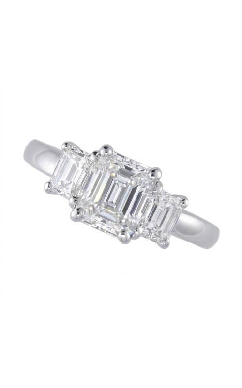 PLATINUM .84CTW DIAMOND THREE-STONE ENGAGEMENT RING WITH 2 .42CT EMERALD CUT DIAMONDS BESIDE CENTER