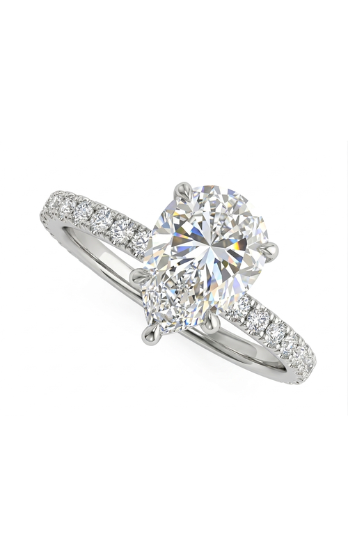 18KW 0.55CTW DIAMOND ENGAGEMENT RING WITH A SYNTHETIC 2 CT PEAR CENTER IN 5 PRONGS WITH A ROW OF DI