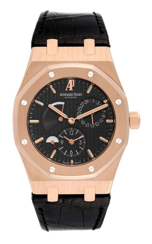 39MM 18K ROSE GOLD AUDEMARS PIQUET ROYAL OAK DUAL TIME WITH BLACK DIAL AND SUBDIALS ON BLACK RUBBER
