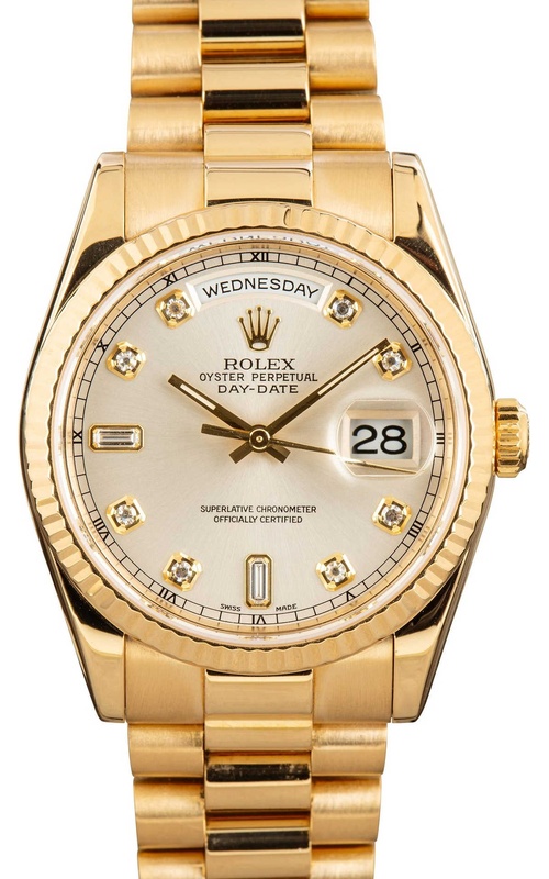 36MM 18KY ROLEX DAY DATE PRESIDENT WITH FACTORY DIAMOND DIAL. MODEL#118238 SERIAL #Y212359