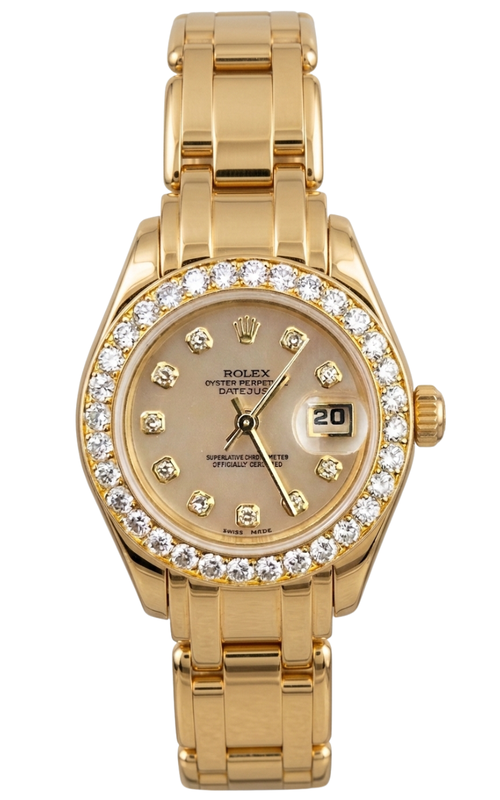 29MM 18KY PEARLMASTER DATEJUST, MOP DIAMOND DIAL, DIAMOND BEZEL, PAPERS NO BOX