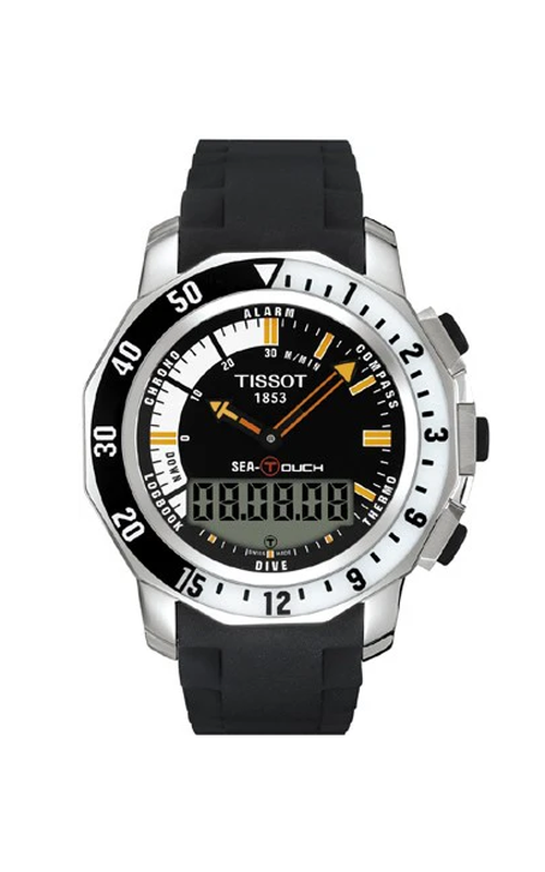 44MM SS TISSOT SEA-TOUCH, BLACK DIAL W/ ORANGE HANDS AND STICK MARKERS, RUBBER DEPLOYANT BRACELET.