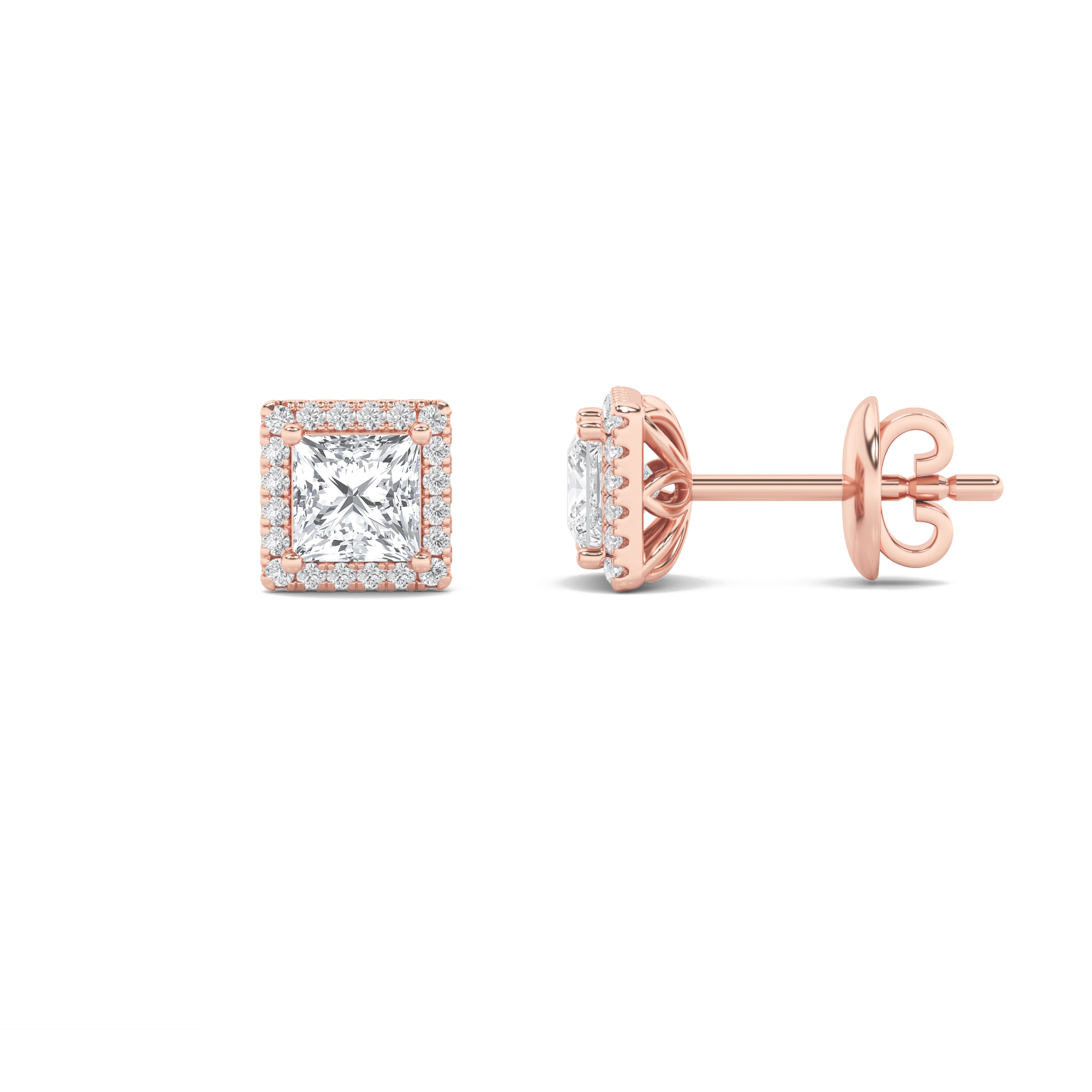 2Cttw Princess Shaped Lab Grown Diamond (F/VS) Halo Stud  Earrings in 14K Gold