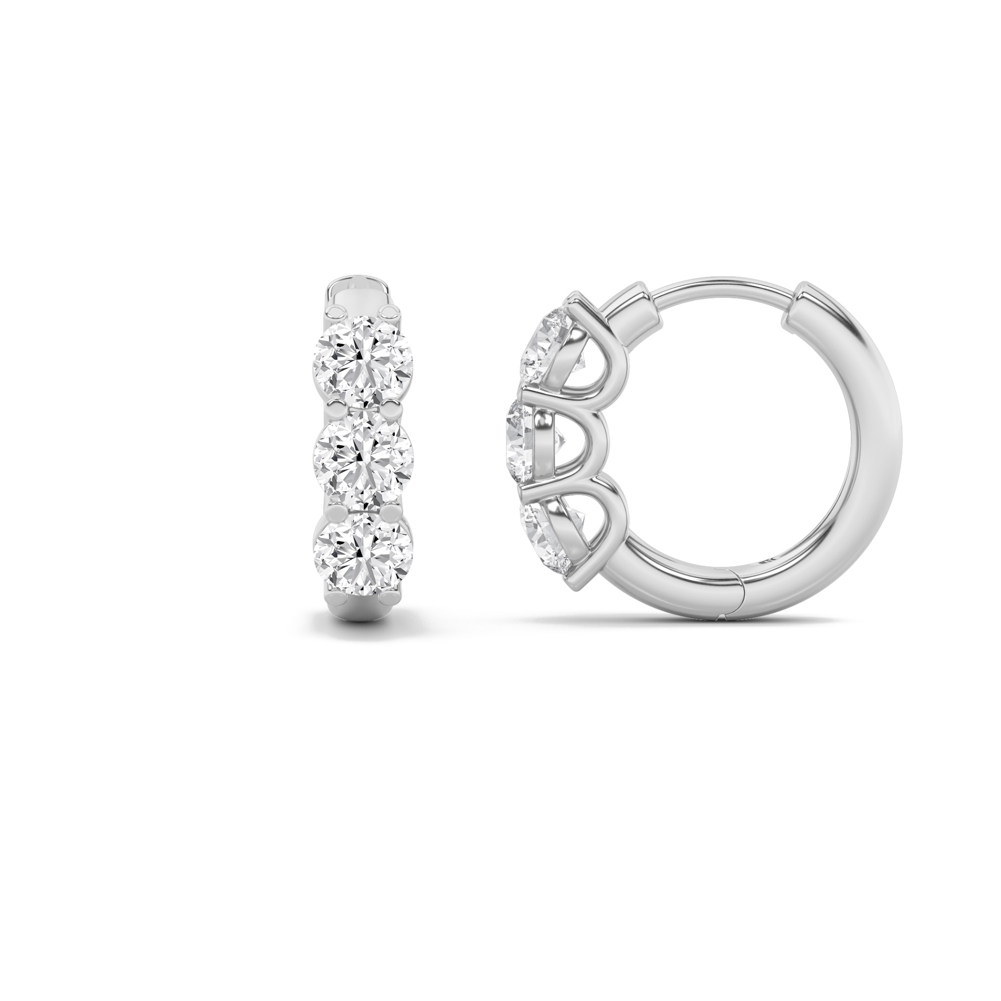 2Cttw Round Shaped Lab Grown Diamond (F/VS) Three Stone Huggie Earrings in 14K Gold