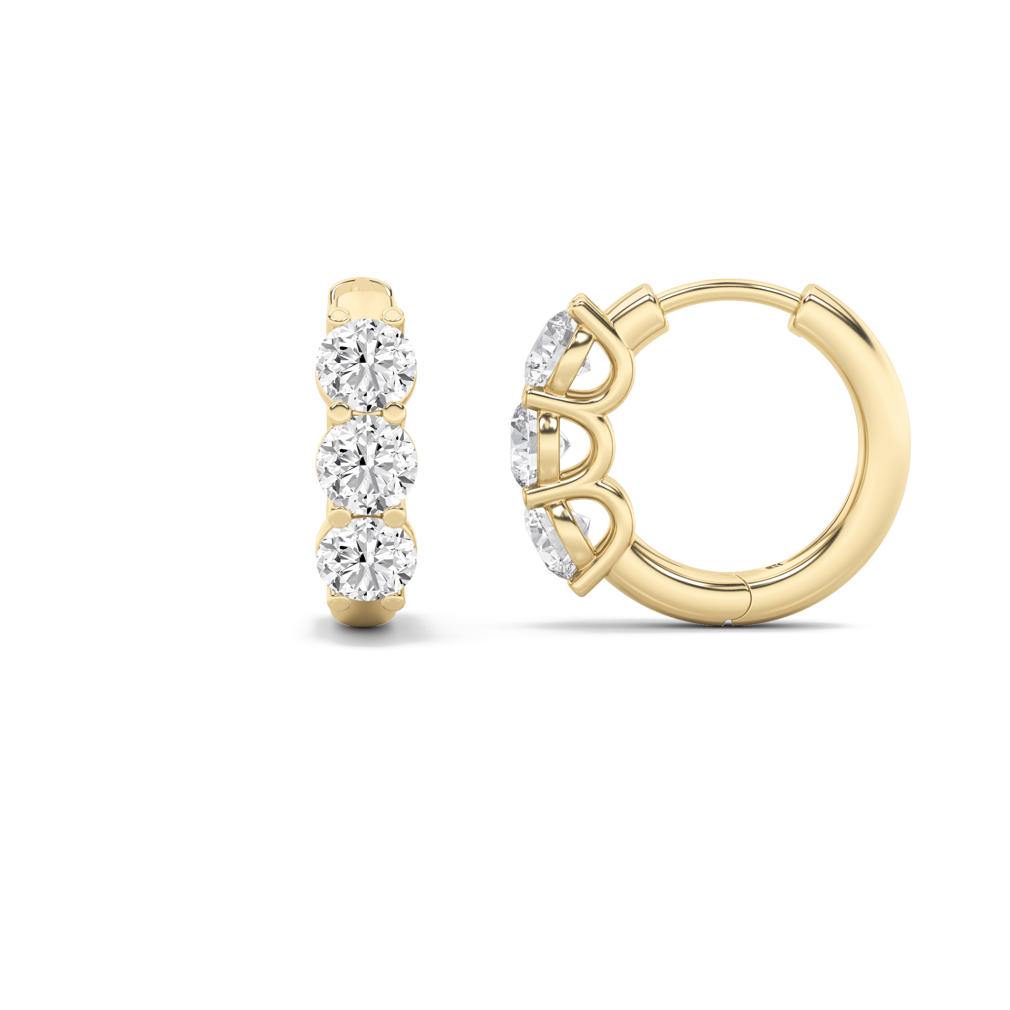 2Cttw Round Shaped Lab Grown Diamond (F/VS) Three Stone Huggie Earrings in 14K Gold