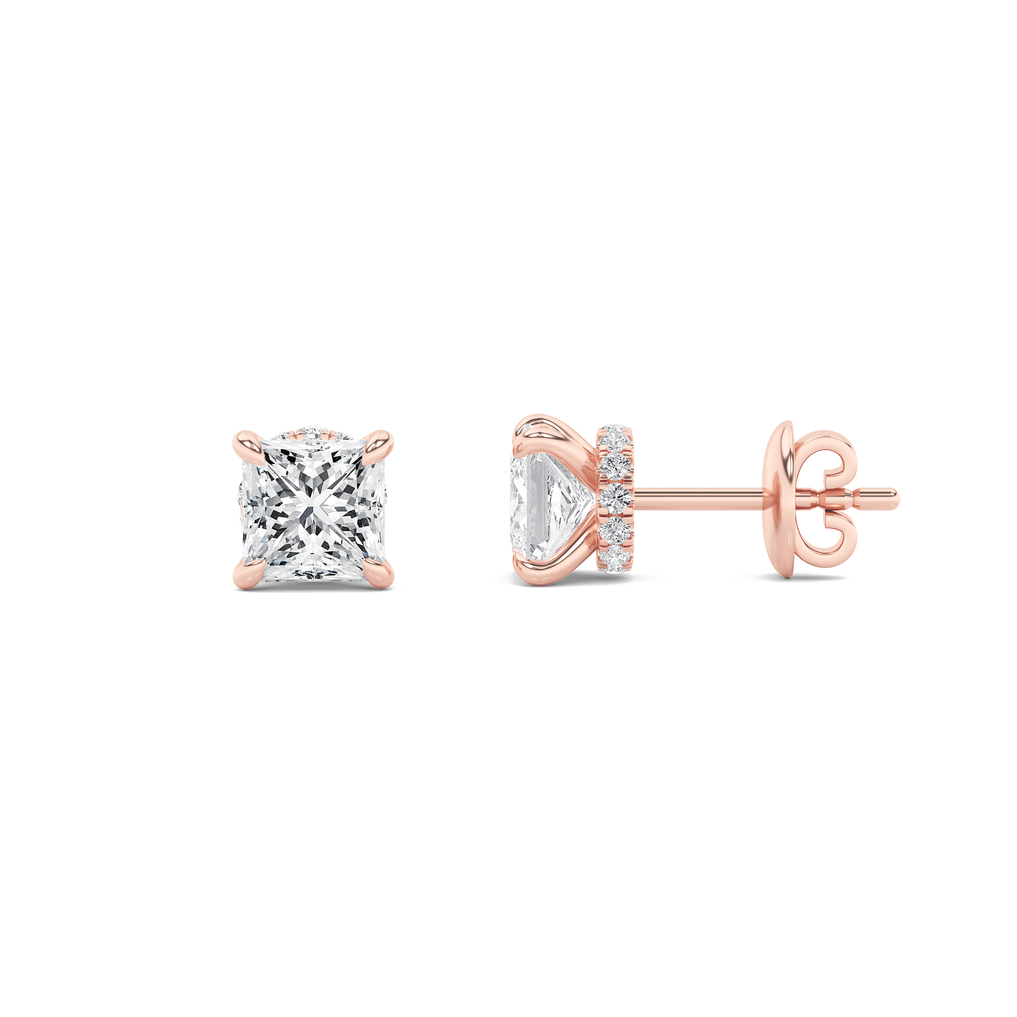 5Cttw Princess Shaped Lab Grown Diamond (F/VS) Hidden Halo Stud Earrings in 14K Gold