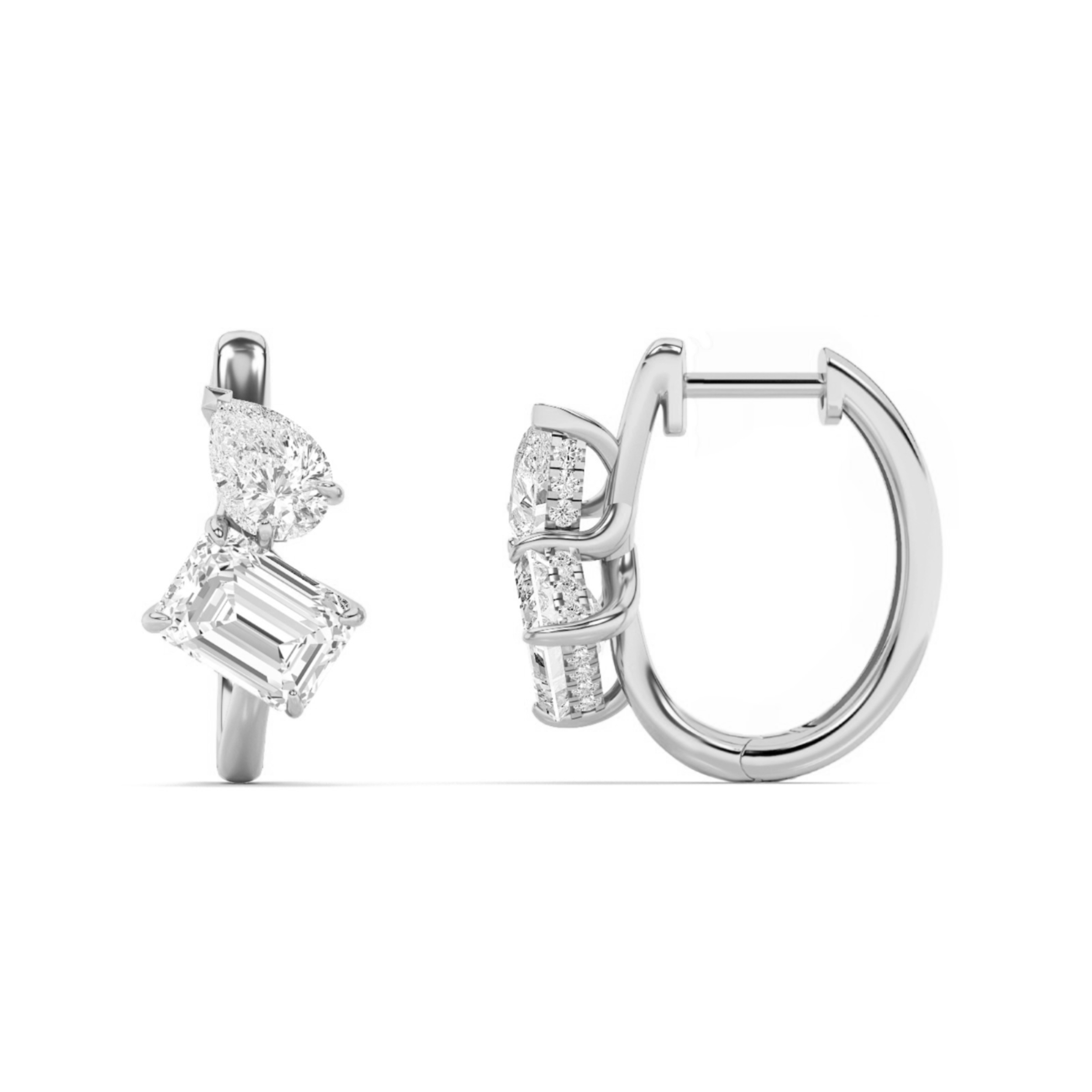 3Cttw Emerald Shaped Lab Grown Diamond (F/VS) Toi et Moi Huggie Earrings in 14K Gold