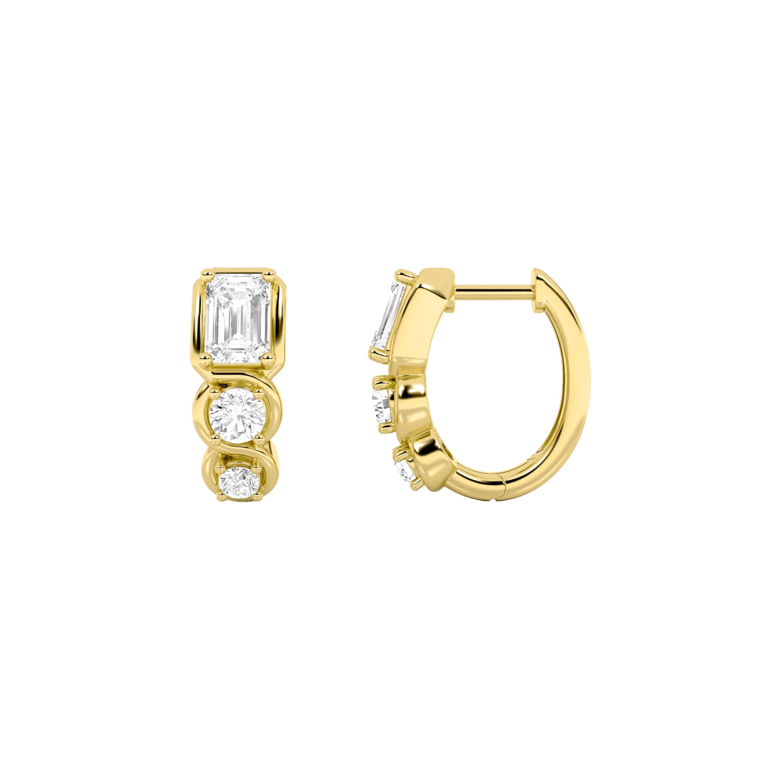 2.5Cttw Emerald Shaped Lab Grown Diamond (F/VS) Three Stone Huggie Earrings in 14K Gold