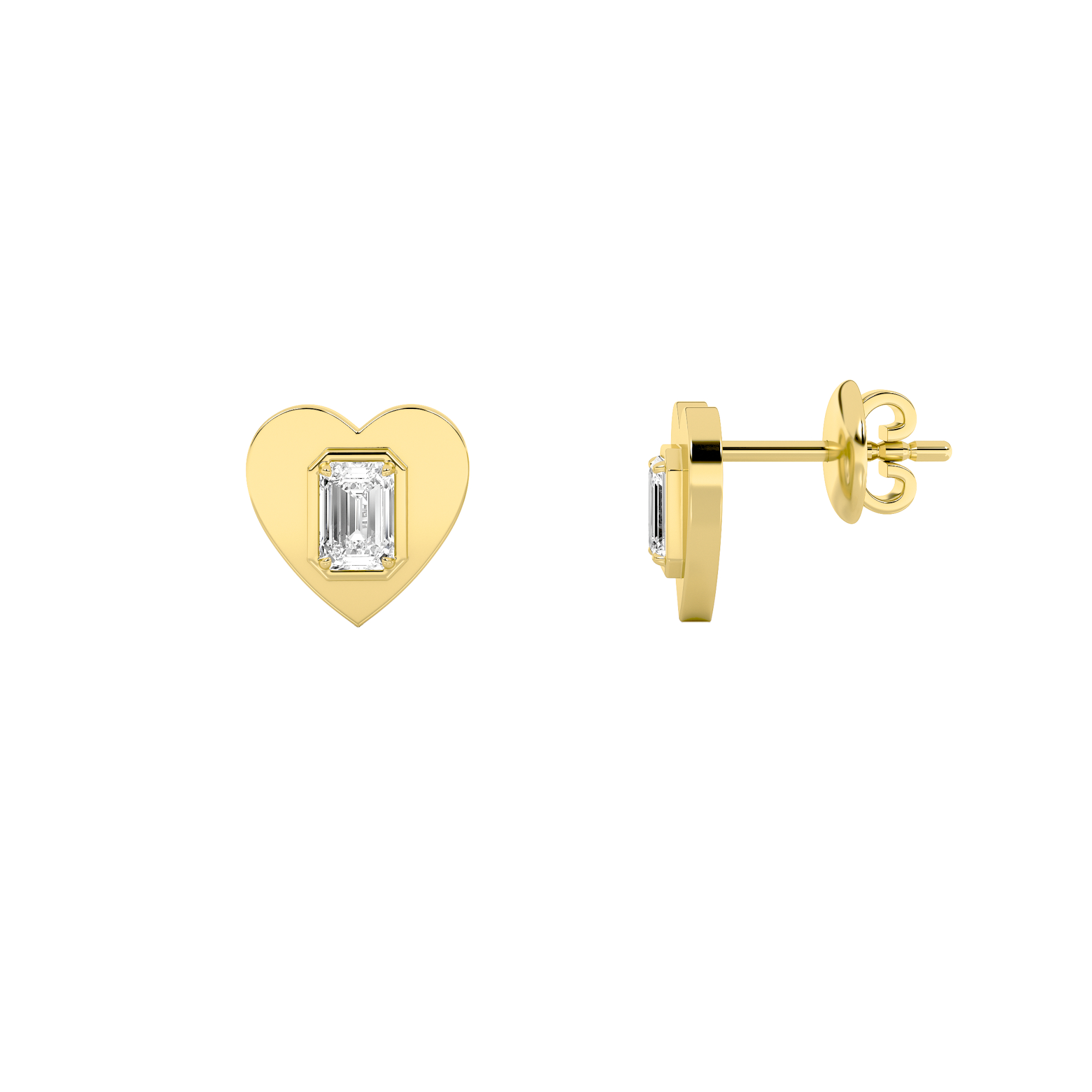 1Cttw Emerald Shaped Lab Grown Diamond (F/VS) Heart Shaped Stud Earrings in 14K Gold