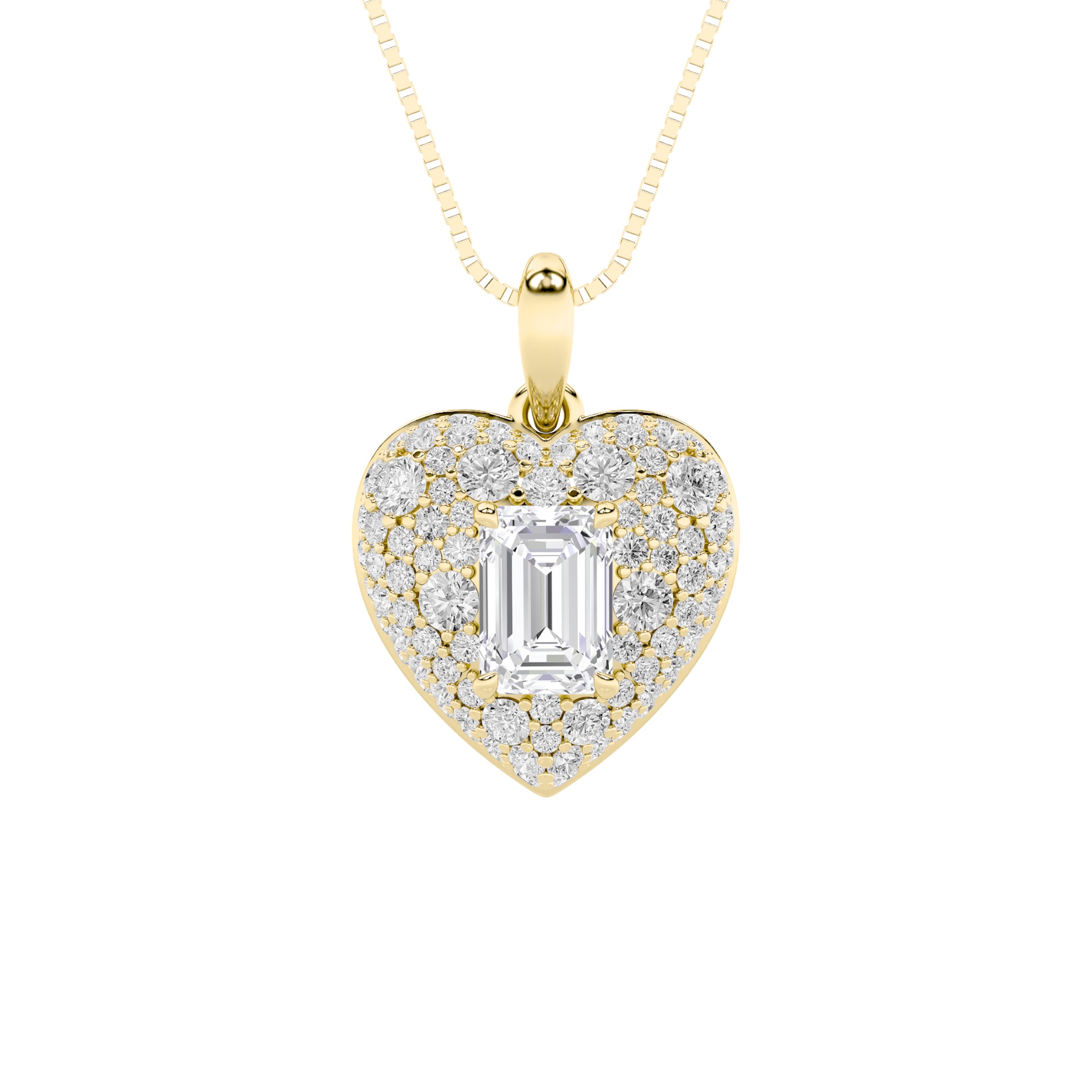 2Cttw Emerald Shaped Lab Grown Diamond (F/VS) Pave Accented Heart Shaped Pendant in 14K Gold