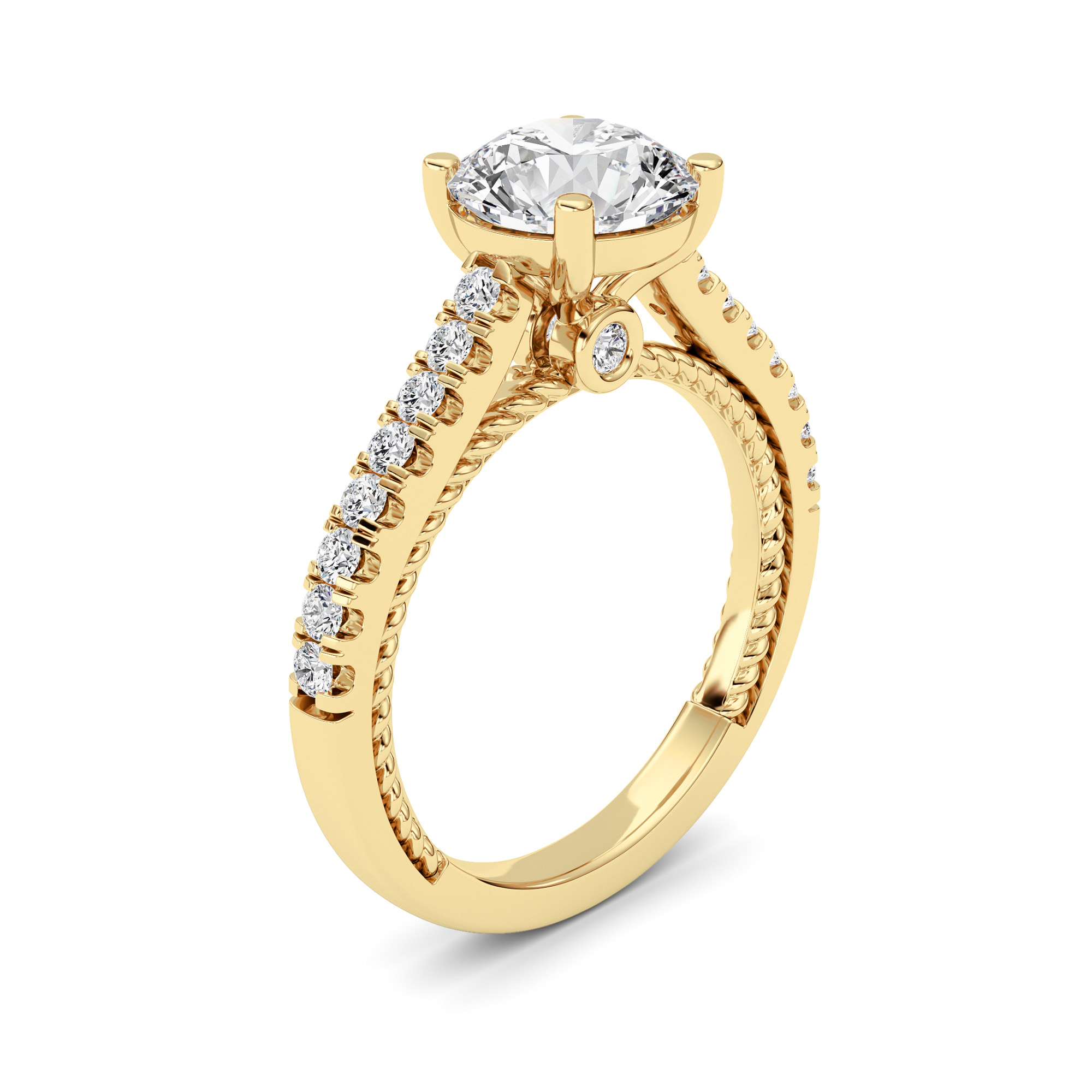 2Cttw Round Shaped Lab Grown Diamond (F/VS) Two Tone Accented Rope Design Engagement Ring in 14K Gold