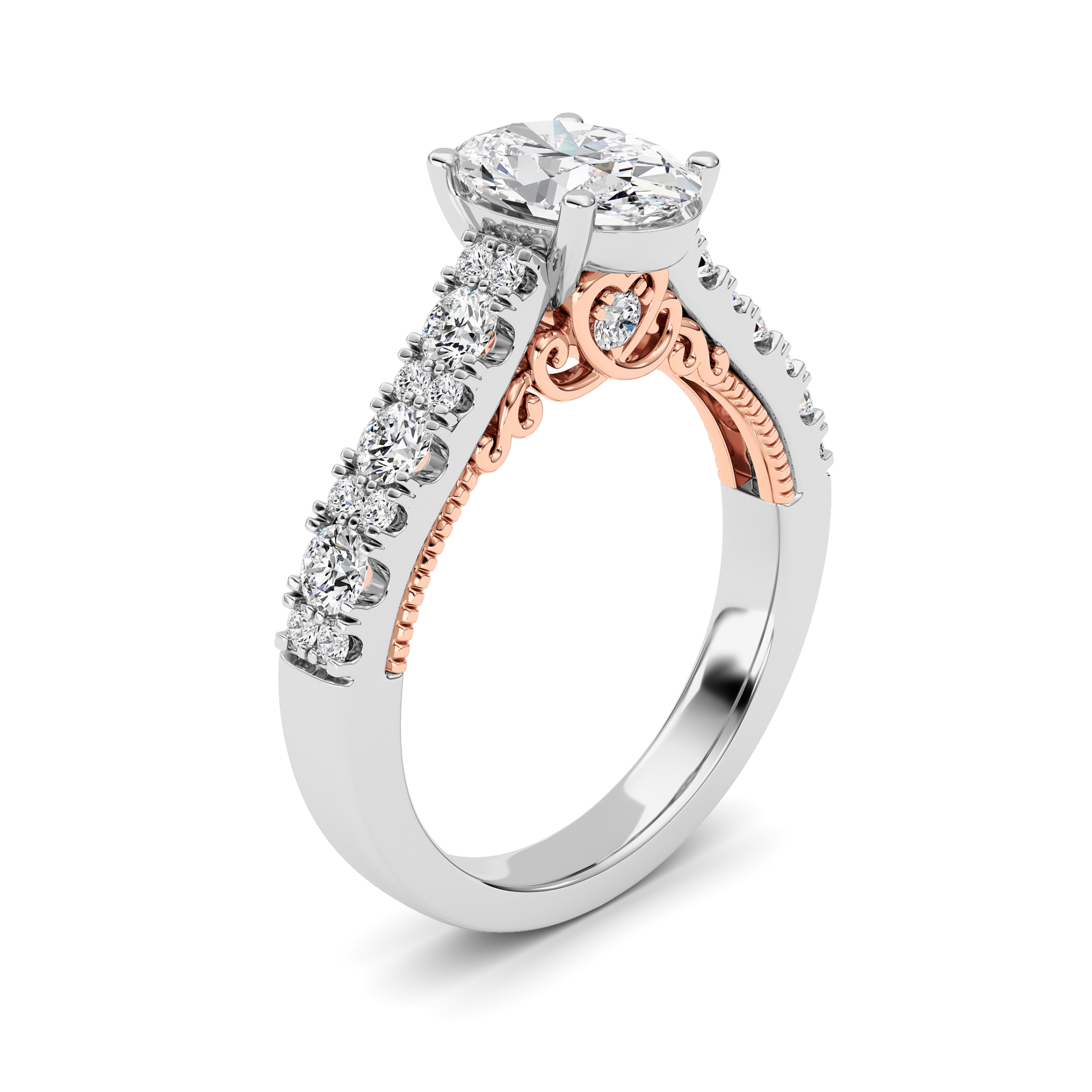 2Cttw Oval Shaped Lab Grown Diamond (F/VS) Accented Milgrain Engagement Ring in 14K Gold