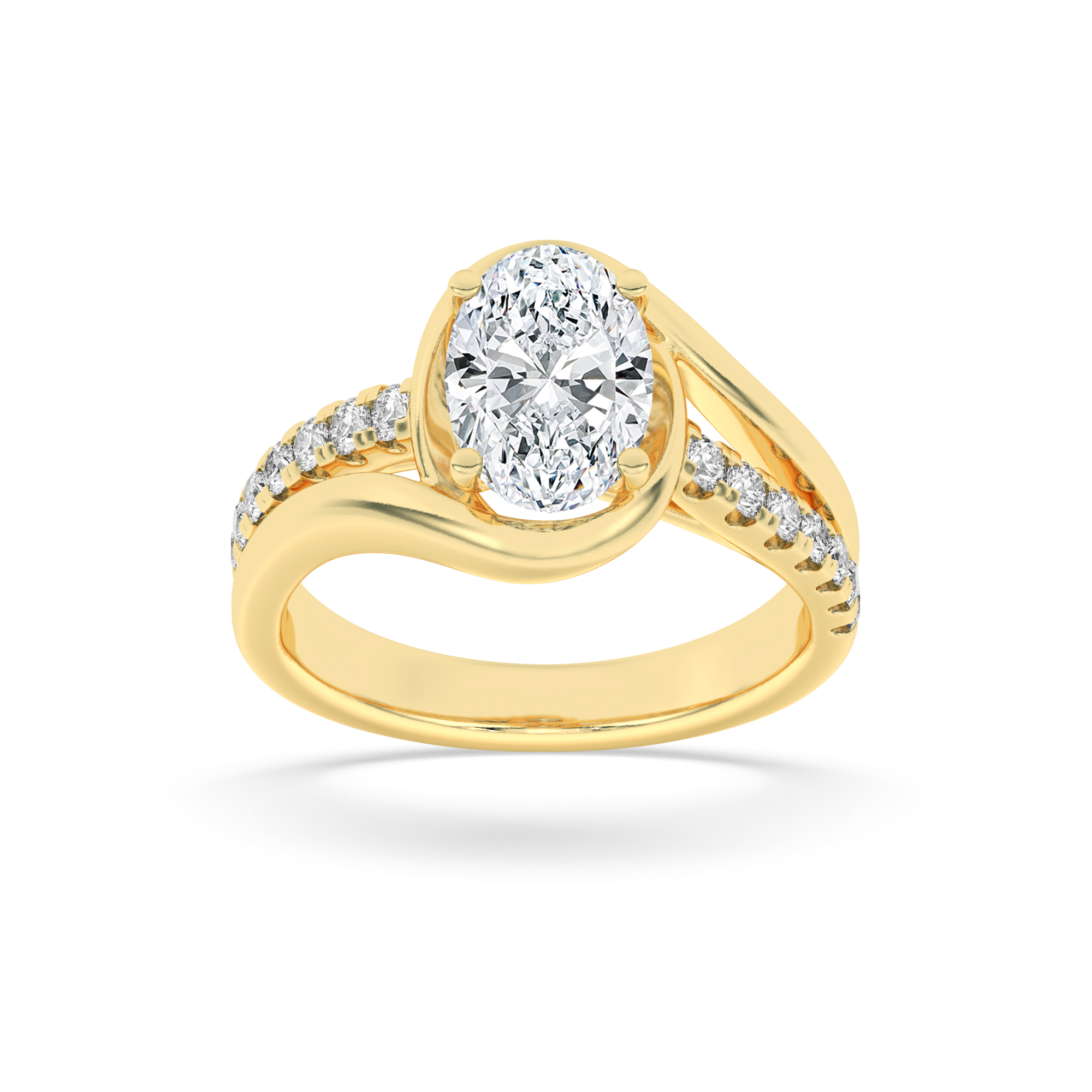 2Cttw Oval Shaped Lab Grown Diamond (F/VS) Swirl Shank Accented Engagement Ring in 14K Gold