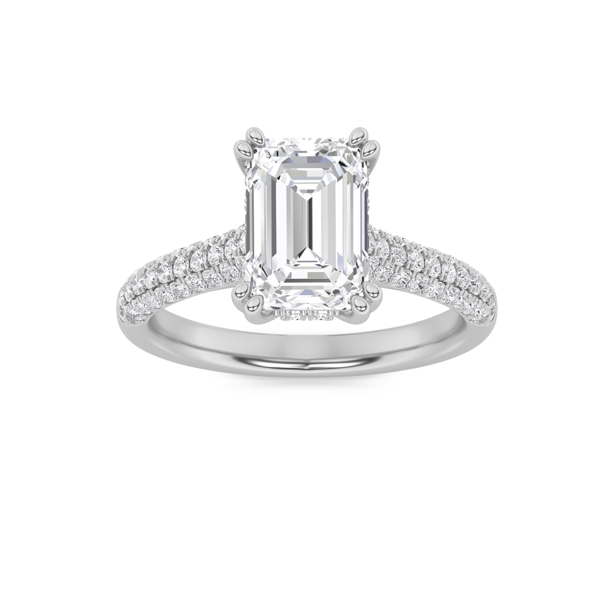 3Cttw Emerald Shaped Lab Grown Diamond (F/VS) Triple Row Accented Engagement Ring in 14K Gold