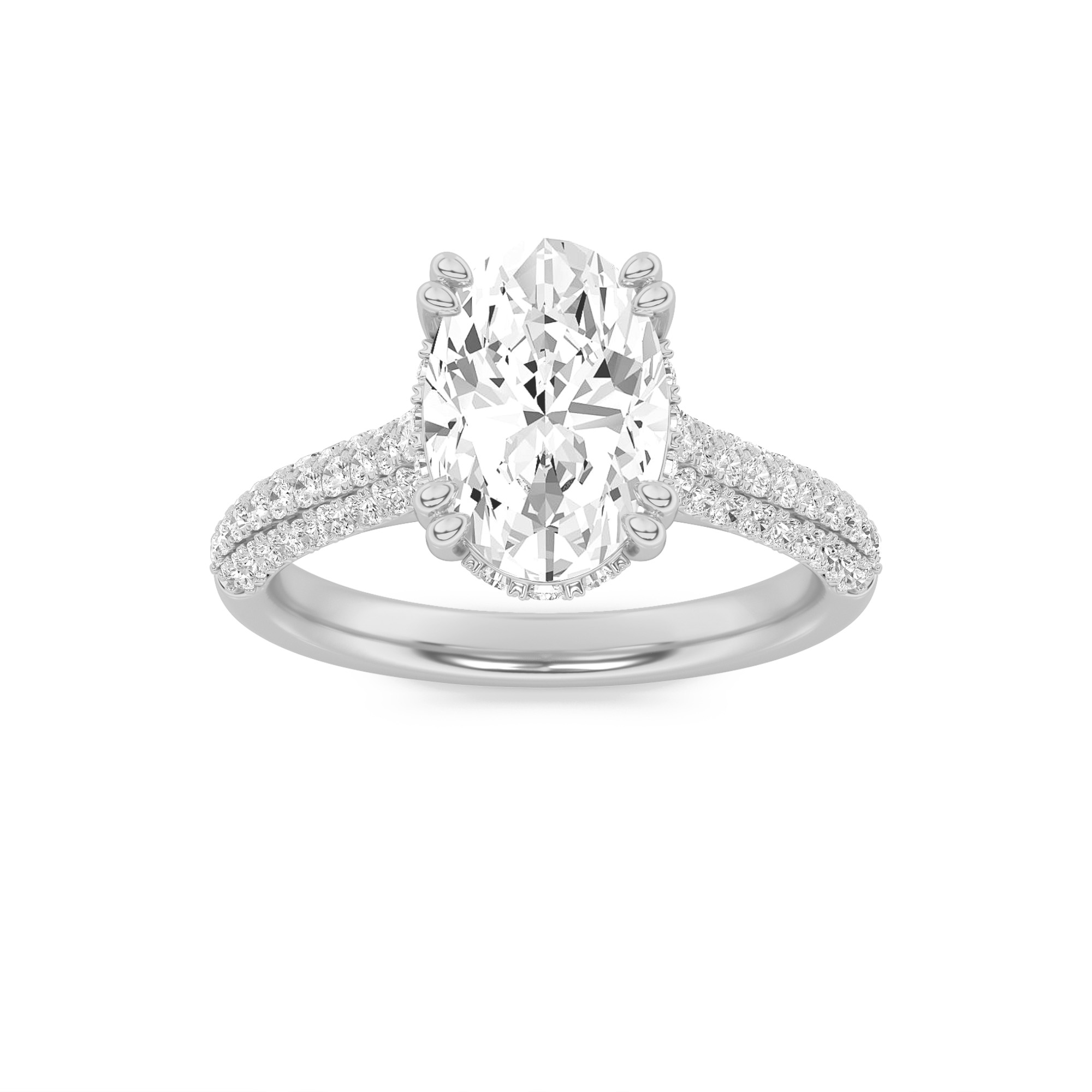 3Cttw Oval Shaped Lab Grown Diamond (F/VS) Triple Row Accented Engagement Ring in 14K Gold