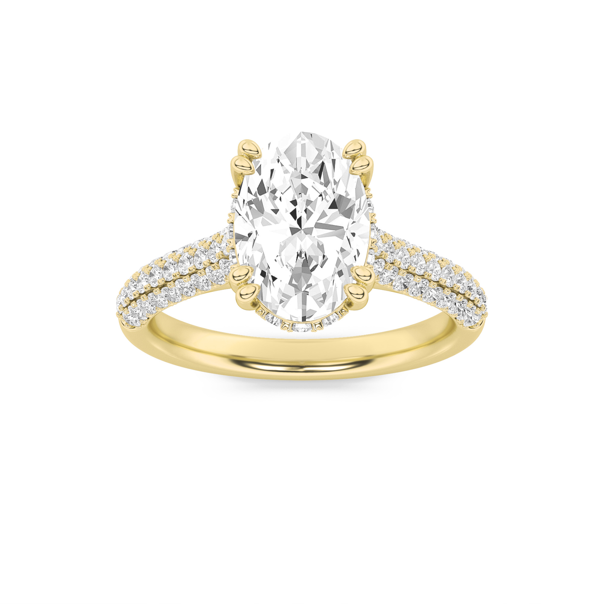 3Cttw Oval Shaped Lab Grown Diamond (F/VS) Triple Row Accented Engagement Ring in 14K Gold