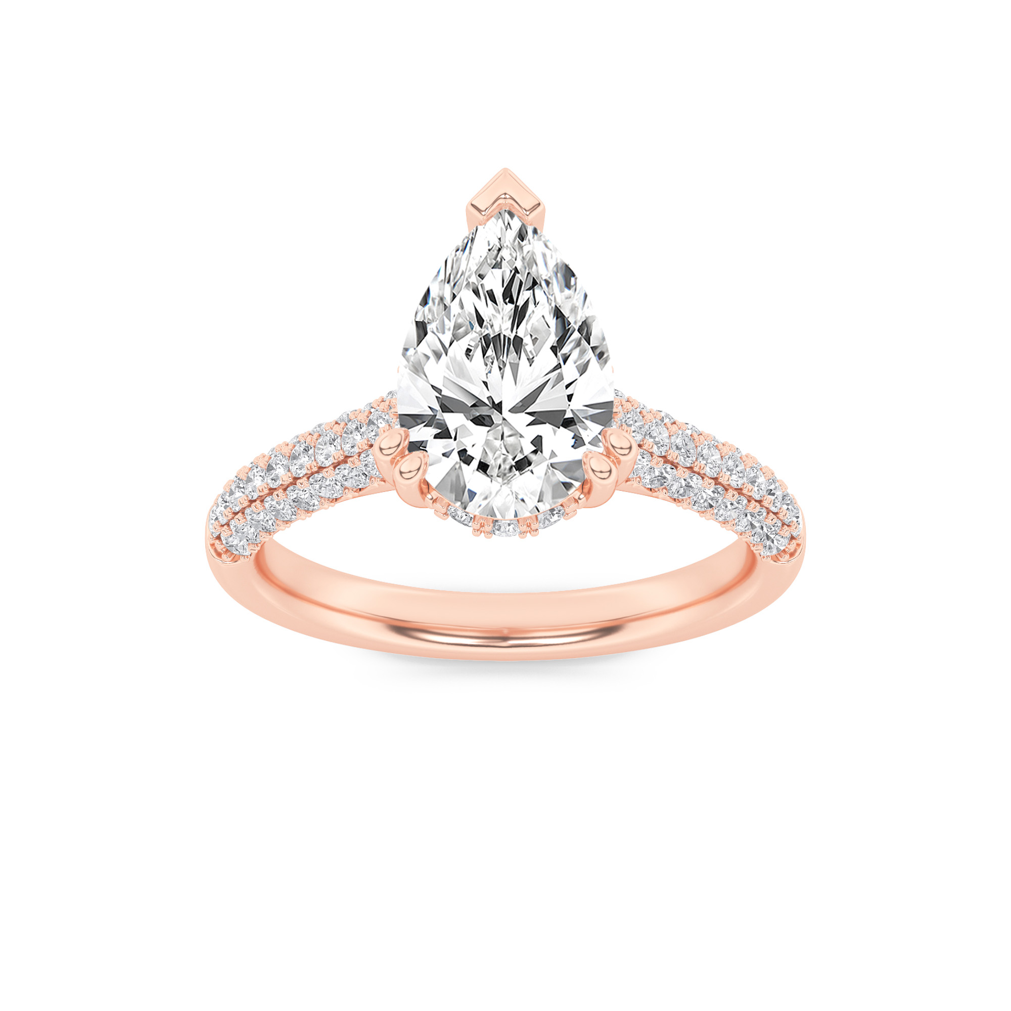 3Cttw Pear Shaped Lab Grown Diamond (F/VS) Triple Row Accented Engagement Ring in 14K Gold