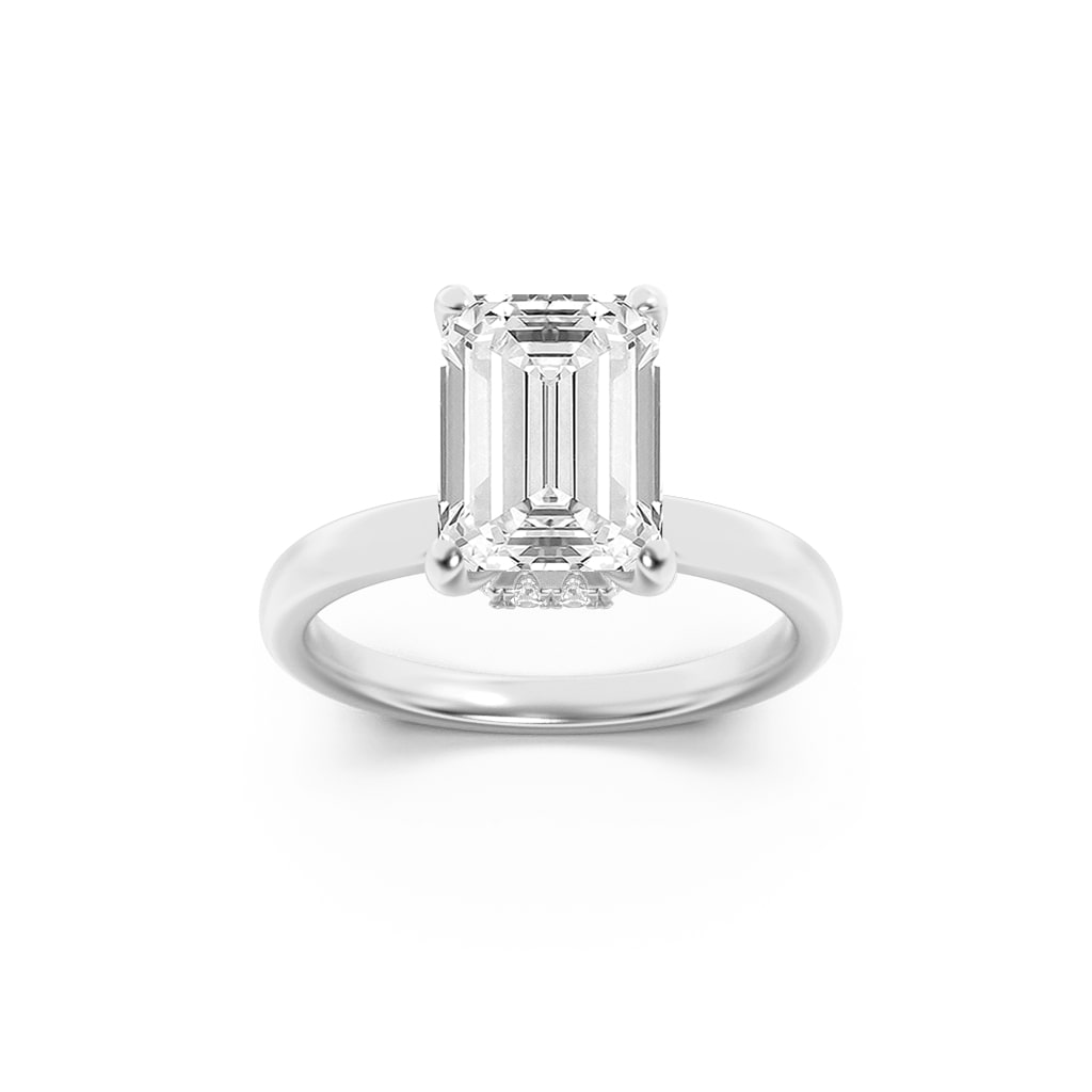 2Cttw Emerald Shaped Lab Grown Diamond (F/VS) Hidden Halo Plain Shank Engagement Ring in 14K Gold