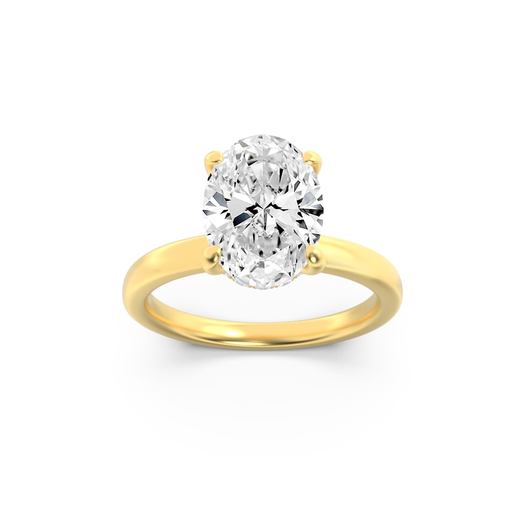 1Cttw Oval Shaped Lab Grown Diamond (F/VS) Hidden Halo Plain Shank Engagement Ring in 14K Gold