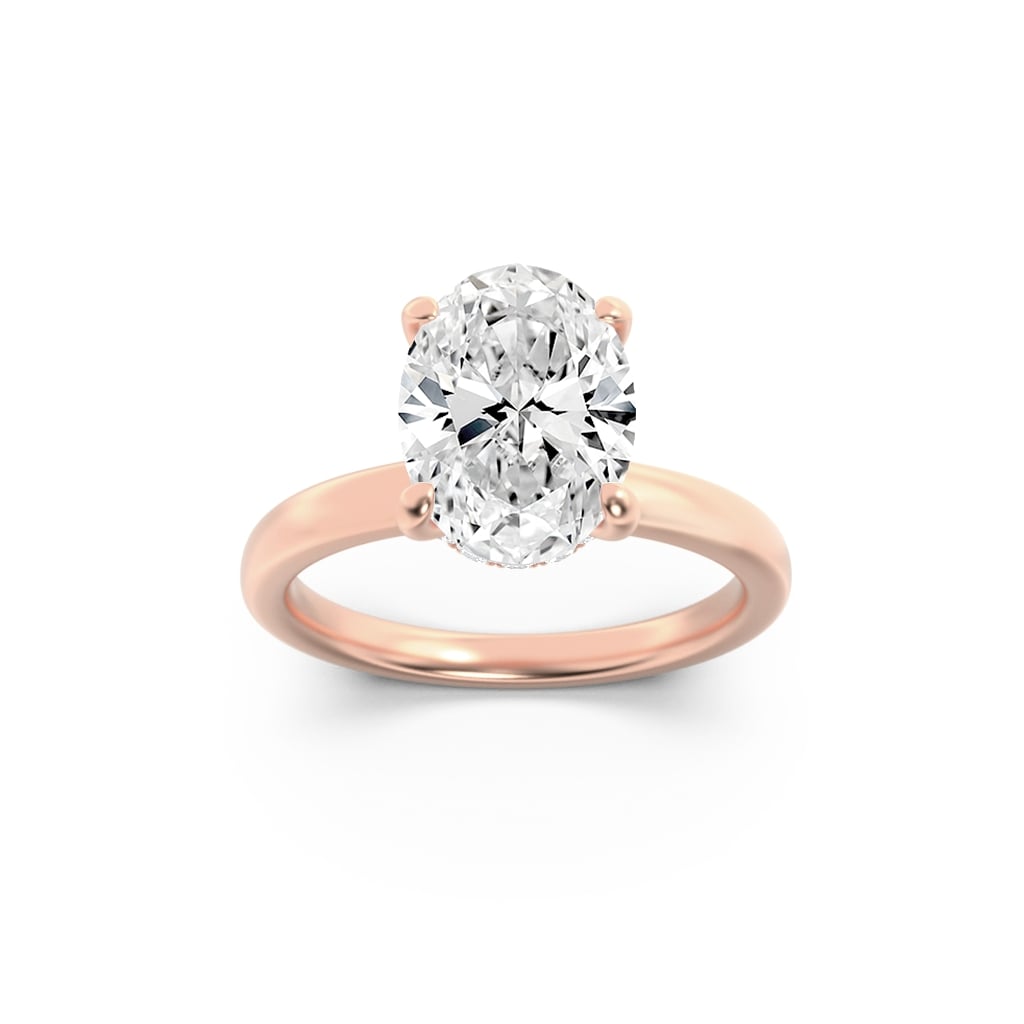 1Cttw Oval Shaped Lab Grown Diamond (F/VS) Hidden Halo Plain Shank Engagement Ring in 14K Gold