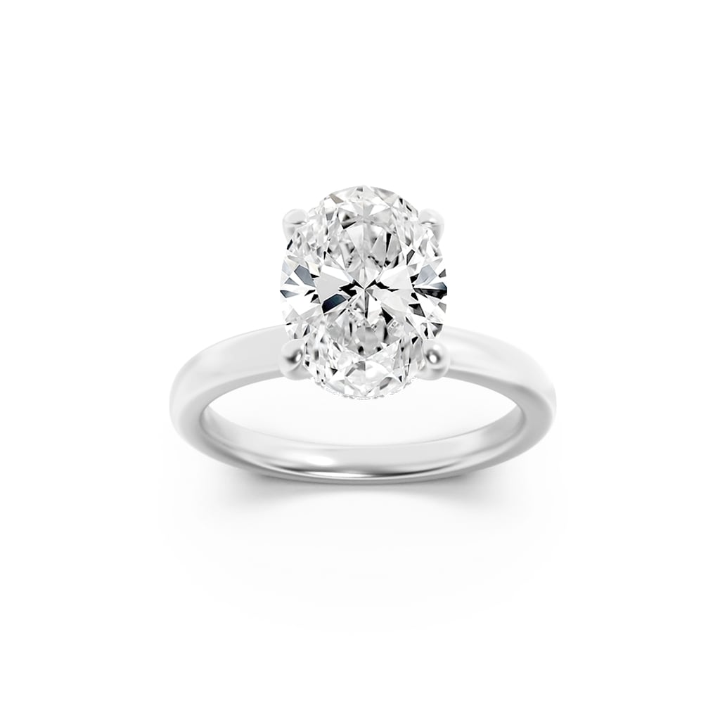 3Cttw Oval Shaped Lab Grown Diamond (F/VS) Hidden Halo Plain Shank Engagement Ring in 14K Gold
