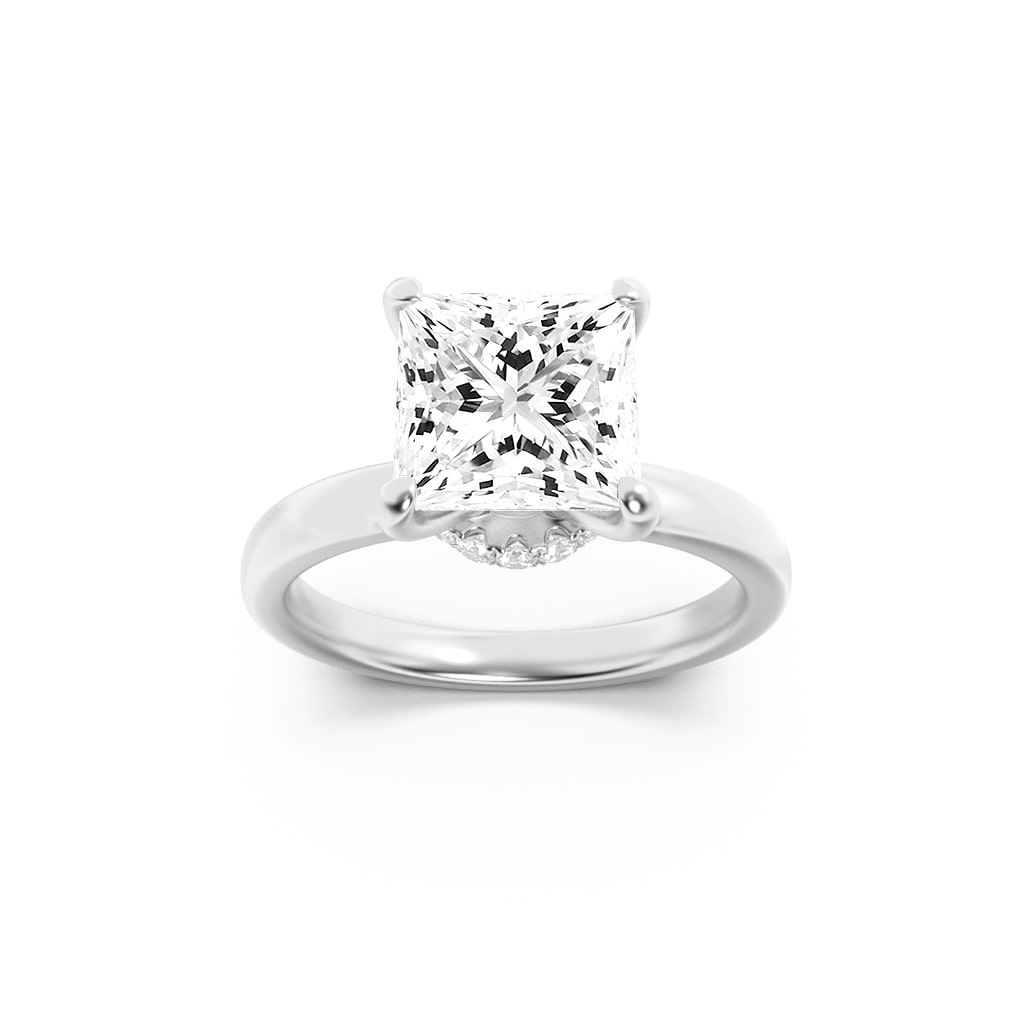 3Cttw Princess Shaped Lab Grown Diamond (F/VS) Hidden Halo Plain Shank Engagement Ring in 14K Gold