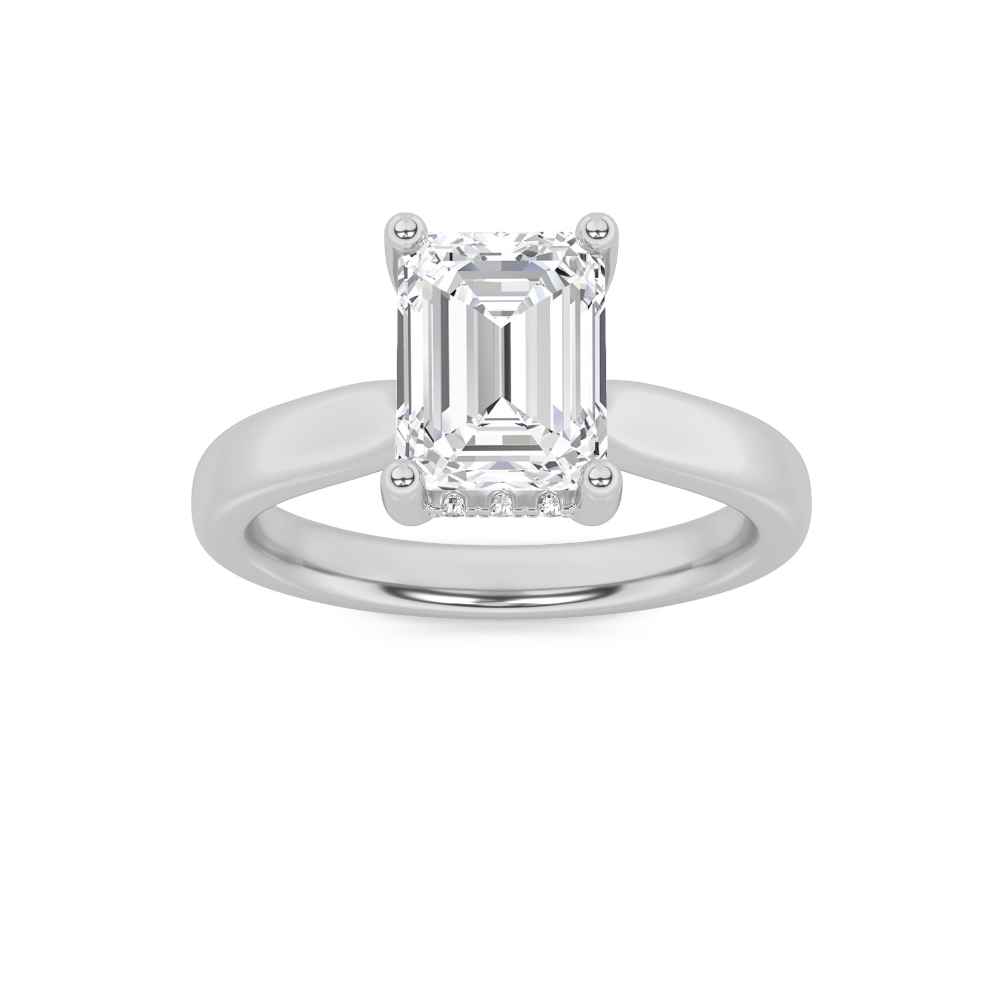 3Cttw Emerald Shaped Lab Grown Diamond (F/VS) Hidden Halo Cathedral Shank Engagement Ring in 14K Gold