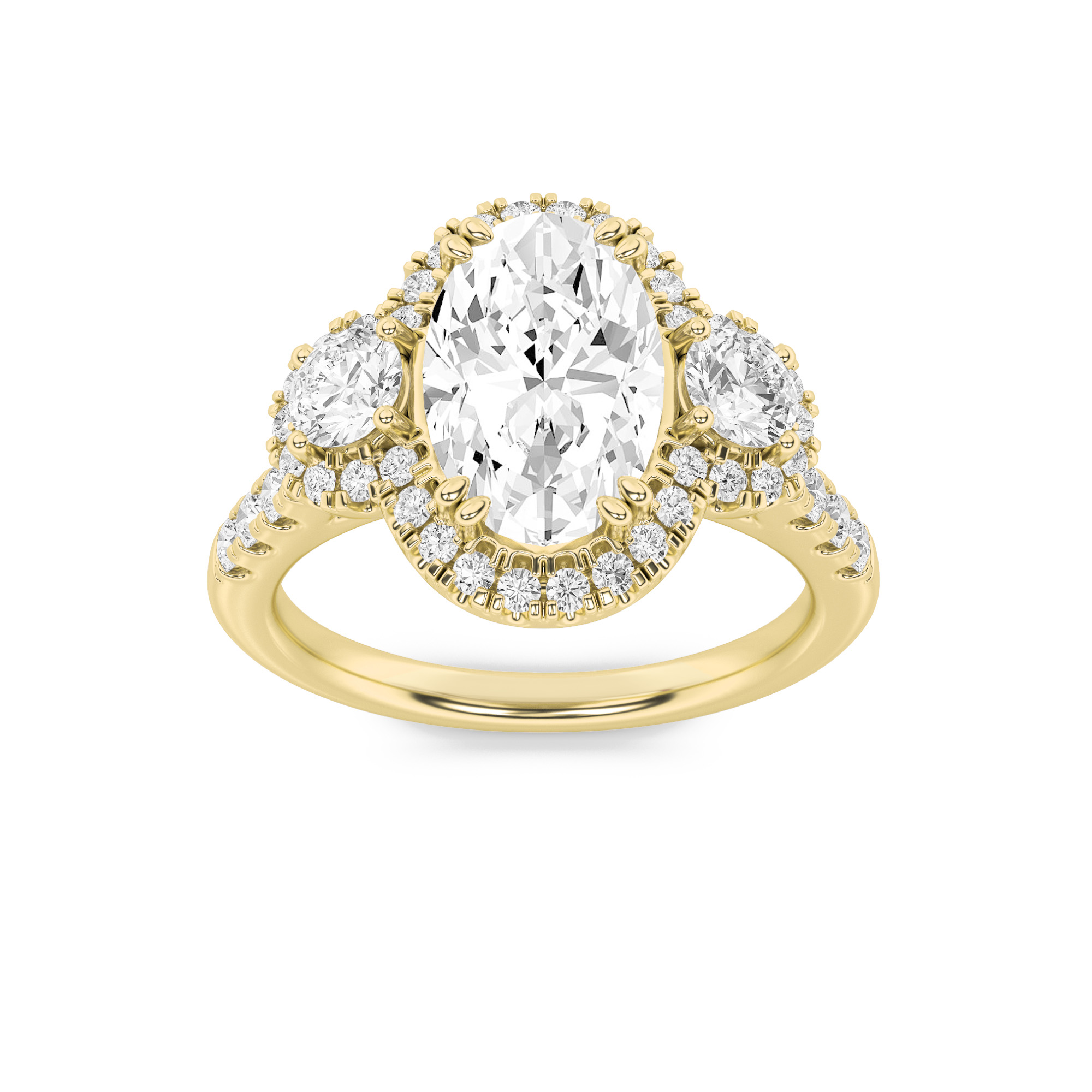 3Cttw Oval Shaped Lab Grown Diamond (F/VS) Three Stone Accented Ring in 14K Gold