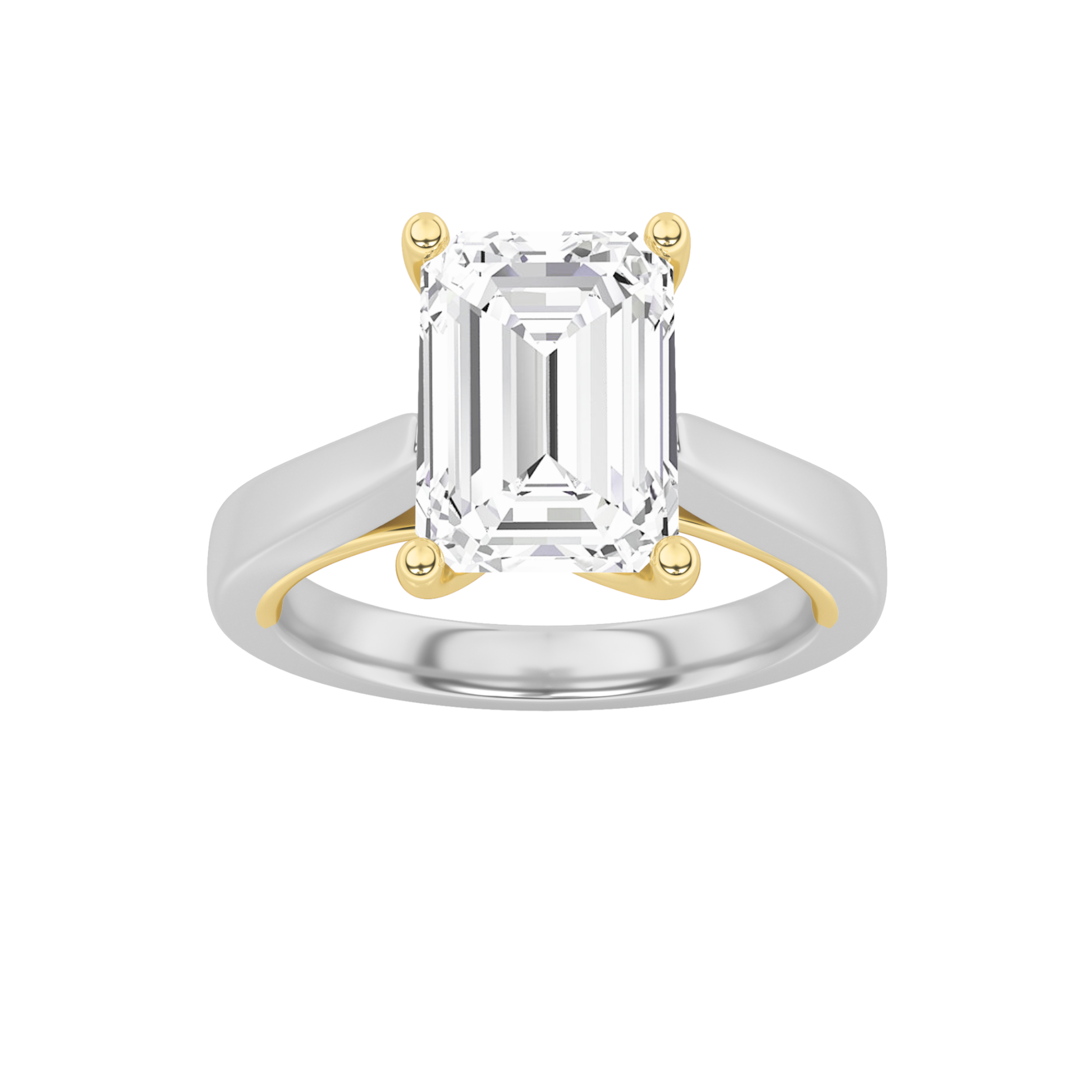 2Cttw Emerald Shaped Lab Grown Diamond (F/VS) Two Tone Twisted Basket Cathedral Shank Solitaire Ring in 14K Gold