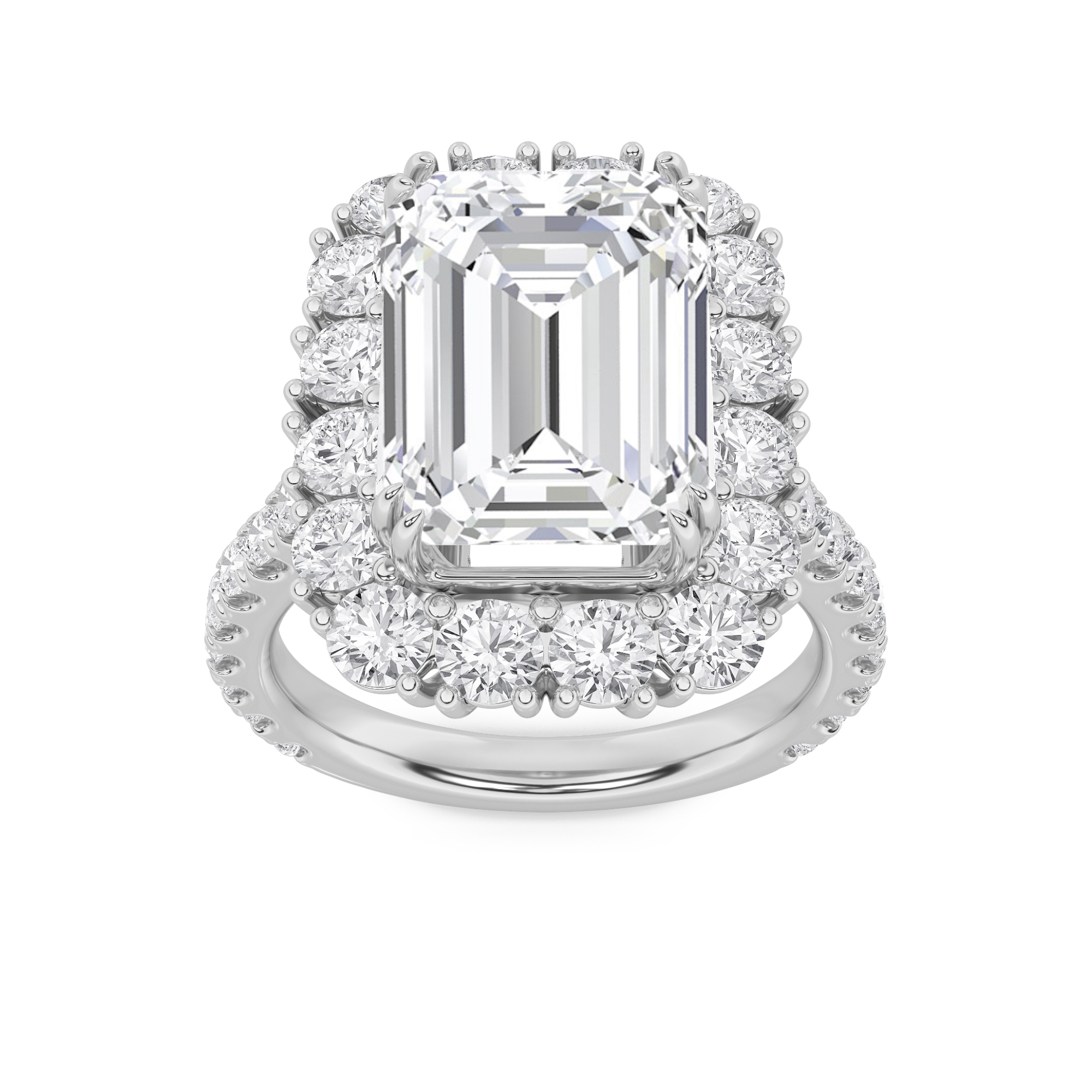 7.25Cttw Emerald Shaped Lab Grown Diamond (F/VS) Bold Statement Accented  Ring in 14K Gold