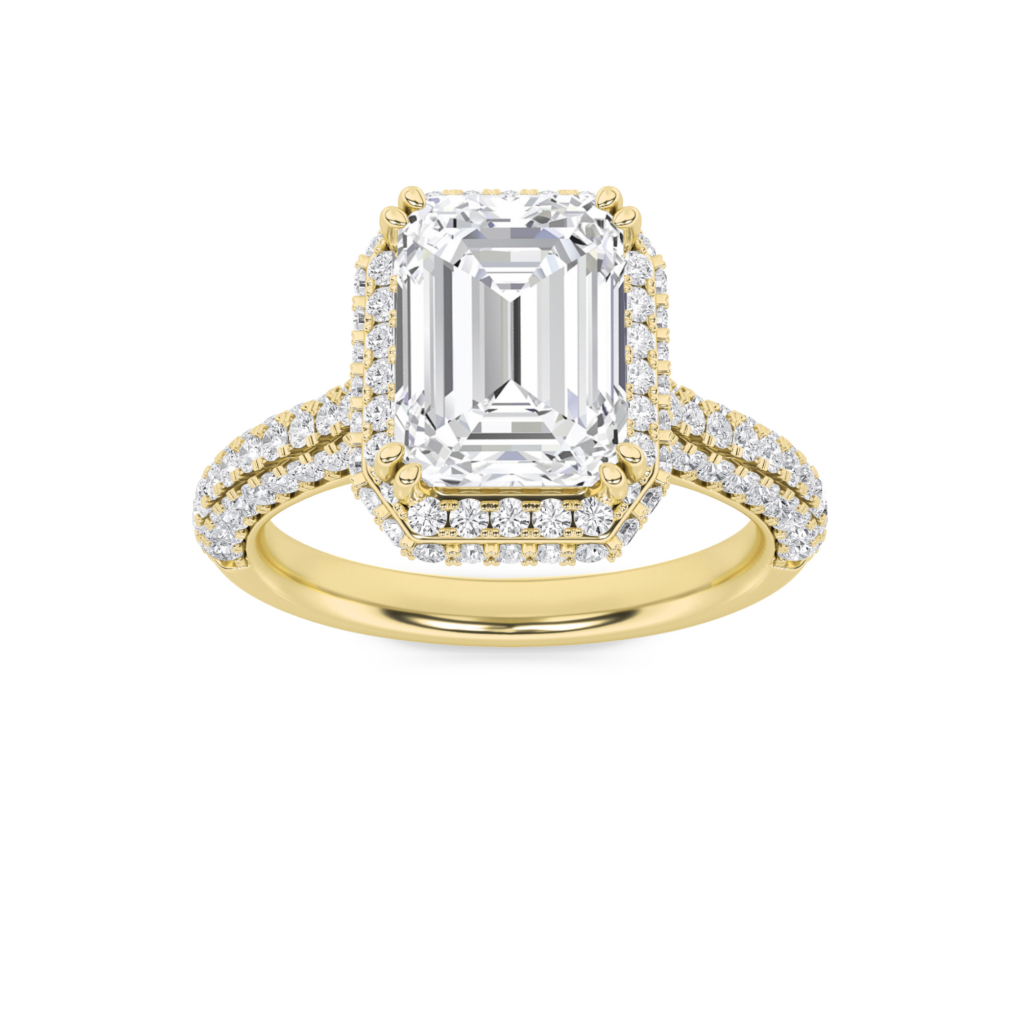 3Cttw Emerald Shaped Lab Grown Diamond (F/VS) Halo Accented Engagement Ring in 14K Gold